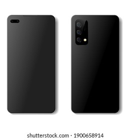 Modern realistic black smartphone on white isolated background with shadow, glare and camera, phone layout front and back view, vector illustration