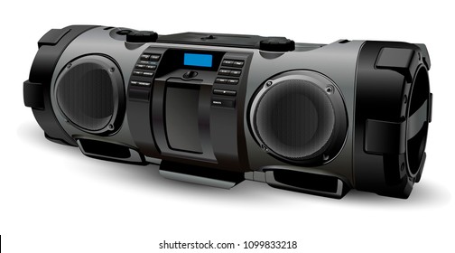 Modern realistic Boombox mockup in silver and grey colours. Street style portable Stereo system recorder. Hip hop, Rap, Rock, pop culture. Vector illustration isolated on white background.