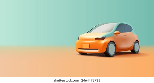 Coche realista moderno, 3D. Anuncio para la publicidad de coches ecológicos poderosos, alquiler, ventas, viajes y negocios de servicios. Vector