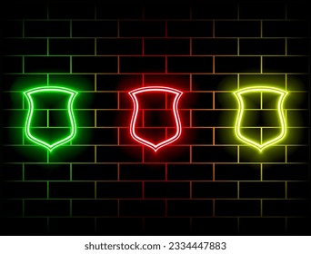 Luz moderna y realista del escudo azul oscuro con línea de luz de movimiento neón. verde, rojo, amarillo, rosa, azul, naranja.