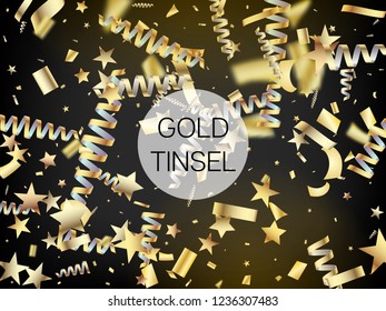 Modern Realistic Gold Tinsel Confetti, Flying Foil Blast. Cool Sparkling Christmas, New Year, Birthday Party Holiday Garland. Horizontal Bright Glitter Background. Realistic Gold Tinsel Confetti