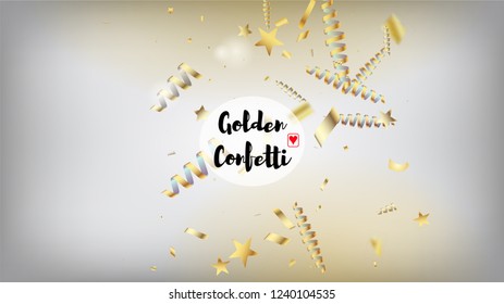 Modern Realistic Gold Tinsel Confetti, Flying Foil Blast. Cool Glamour Christmas, New Year, Birthday Party Holiday Garland. Horizontal Dotted Glitter Background. Realistic Gold Tinsel Confetti