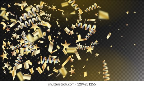 Modern Realistic Gold Tinsel Confetti, Flying Foil Blast. Horizontal Magic Sparkles Background. Cool Elegant Christmas, New Year, Birthday Party Holiday Border. Realistic Gold Tinsel Confetti