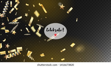 Modern Realistic Gold Tinsel Confetti, Flying Foil Blast. Horizontal Lights Bokeh Background. Cool Sparkling Christmas, New Year, Birthday Party Holiday Banner. Realistic Gold Tinsel Confetti