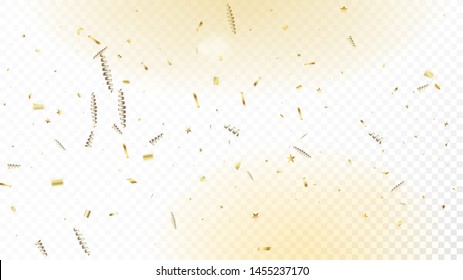 Modern Realistic Gold Tinsel Confetti, Flying Foil Blast. Cool Sparkling Christmas, New Year, Birthday Party Holiday Scatter. Horizontal Lights Sparkles Background. Realistic Gold Tinsel Confetti