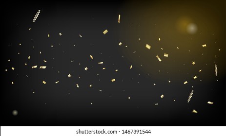 Modern Realistic Gold Tinsel Confetti, Flying Foil Blast. Cool Glamour Christmas, New Year, Birthday Party Holiday Scatter. Horizontal Mystical Streamers Background. Realistic Gold Tinsel Confetti