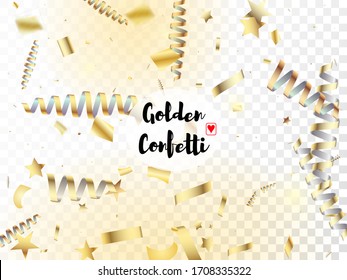 Modern Realistic Gold Tinsel Confetti, Flying Foil Blast. Horizontal Lights Explosion Background. Cool Glamour Christmas, New Year, Birthday Party Holiday Border. Realistic Gold Tinsel Confetti