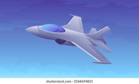 Modern realistic gray army fighter jet flying on blue sky background. Military supersonic warplane.