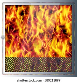 Modern realistic high-tech fireplace. Modern technologies and materials. Realistic flames and sparks. Light shade and 3D effect. Vector illustration.