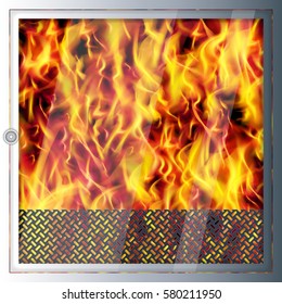 Modern realistic high-tech fireplace. Modern technologies and materials. Realistic flames and sparks. Light shade and 3D effect. Vector illustration.