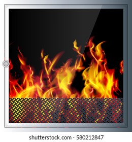 Modern realistic high-tech fireplace. Modern technologies and materials. Realistic flames and sparks. Light shade and 3D effect. Vector illustration.