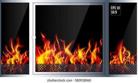 Modern realistic Hi-tech fireplace made of modern materials with a burning flame inside. Realistic flames and sparks for your business. 3D effect. Vector illustration.
