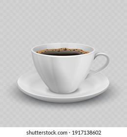 Modern realistic icon with black coffee cup front view. Illustration of porcelain cup on saucer with coffee.
