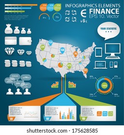 Modern realistic infographics set. Paper style. USA Map and Information Graphics with finance icons. Easy to edit