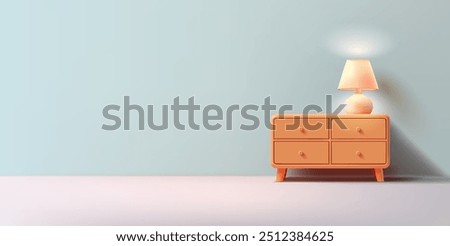 Modern realistic interior, 3D. Cabinet and lamp. Banner for home design concepts, rest, and coziness. Sale of furniture, discounts. Vector illustration.