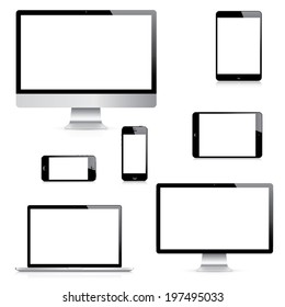 Modern realistic isolated computer, laptop, tablet and smartphone vectors set