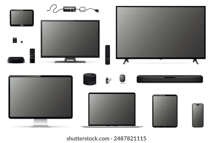 Modern realistic isolated tv screen, computer, laptop, tablet, phone and other digital devices