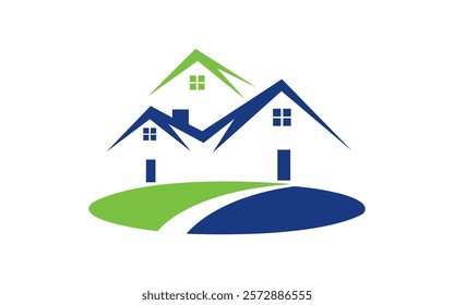 Modern realistic logo design featuring a green and blue house Real Estate Logo Design