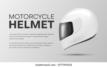 Modern realistic motorcycle helmet banner with place for text vector illustration. Advertising promotion with white motorbike headdress isolated. Event store ad with head safety equipment for driver