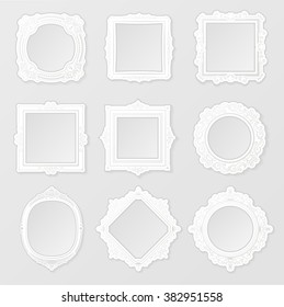 Modern realistic photo frame on white background. White photo frame. Patterned Photo Frame