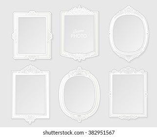 Modern realistic photo frame on white background. White photo frame. Patterned Photo Frame