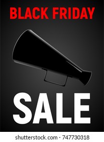 Modern realistic poster for black friday sale with megaphone with handle on black background. Great for invitation, card, product packaging, header, poster, label, banners and etc.