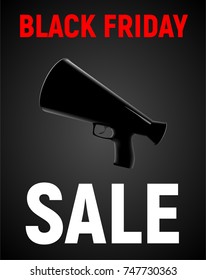 Modern realistic poster for black friday sale with megaphone with handle and trigger on black background. Great for invitation, card, product packaging, header, poster, label, banners and etc.