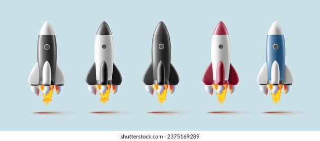 Conjunto realista moderno de cohetes 3d. Inicio de nave espacial. Metáfora de idea de concepto creativo, color diferente con llama