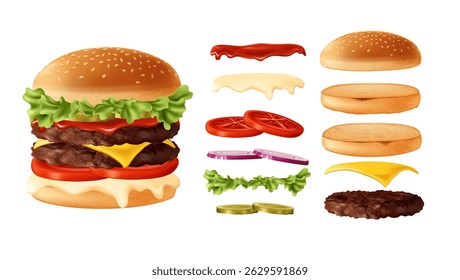 Lista de ingredientes do hambúrguer moderno realista Smash