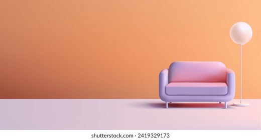 Modernes realistisches Sofa und Bodenlampe 3D. Für Innenkonzepte, Studios, Erholung und Freizeit. Bannervorlage. Vektorgrafik