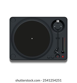 Moderno diseño personalizado de vista superior de tocadiscos negros de DJ de Vector realista, que muestra controles precisos y un área de grabación de vinilo. Para equipos de música y audio visuales, que simbolizan un sonido de alta calidad.