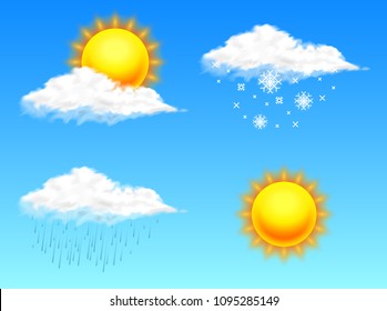 Modern Realistic weather icon. Meteorology symbol on blue background. Color Vector illustration for mobile app, print or web. sunny day and clouds.