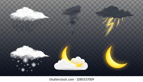 Modern Realistic weather icons set. Meteorology symbols on transparent background. Color Vector illustration for mobile app, print or web. Thunderstorm and rain, clear and cloudy, storm and snow.