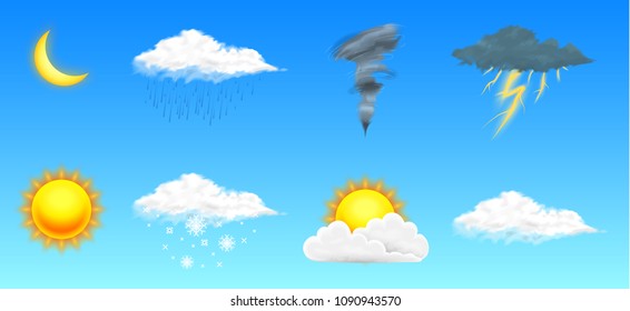 Modern Realistic weather icons set. Meteorology symbols on transparent background. Color Vector illustration for mobile app, print or web. Thunderstorm and rain, clear and cloudy, storm and snow.