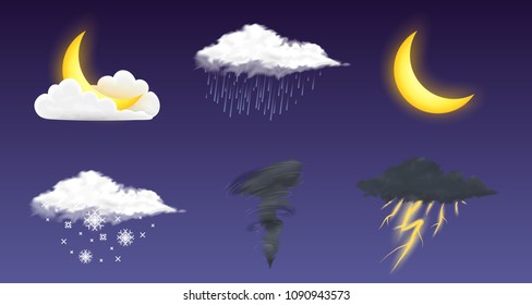 Modern Realistic weather icons set. Meteorology symbols on transparent background. Color Vector illustration for mobile app, print or web. Thunderstorm and rain, clear and cloudy, storm and snow.