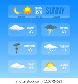 Modern Realistic weather icons set. Meteorology symbols on blue background. Color Vector illustration for mobile app, print or web. Thunderstorm and rain, clear and cloudy, storm and snow.