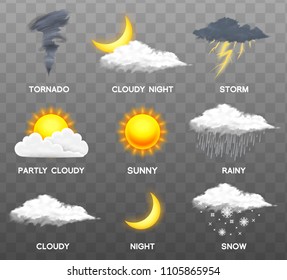 Modern Realistic weather icons set. Meteorology symbols on transparent background. Color Vector illustration for mobile app, print or web. Thunderstorm and rain, clear and cloudy, storm and snow.