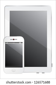 Modern realistic white digital tablet PC with smartphone on white background