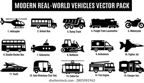 Modern realworld vehicles vector pack with various types of transportation helicopter to camper van