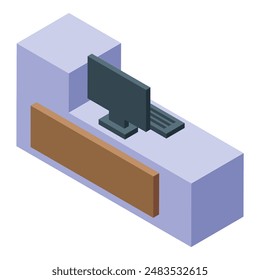 Modern reception desk with computer showing blank screen for greeting clients, perfect for welcoming visitors