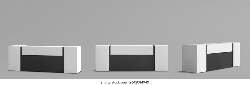 Modern reception table collection - minimalist counter design with sleek black and white tone finish surfaces. Counter for office lobby, hotel entrance, exhibition or corporate workspace furniture.