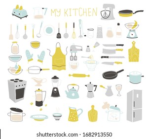 Modern Recipe card template set for cookbook. Menu Creator Vector Illustration.Cute food icons set for restaurant, cafe, bakery and fast food. Kitchen design elements. Kitchenware, cookware.