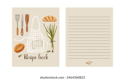 Modern Recipe card template set for cookbook. Menu Creator Vector Illustration. Pattern with Different Kitchen Utensils. Cooking Background.