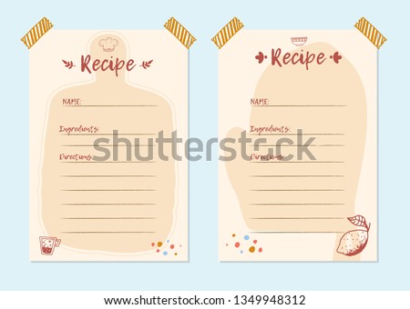 Modern Recipe card template set for cookbook. Menu Creator Vector Illustration. Kitchen food template