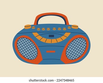 Modern record player. Portable music boombox. Hand drawn color vector illustration isolated on light background, flat cartoon style.