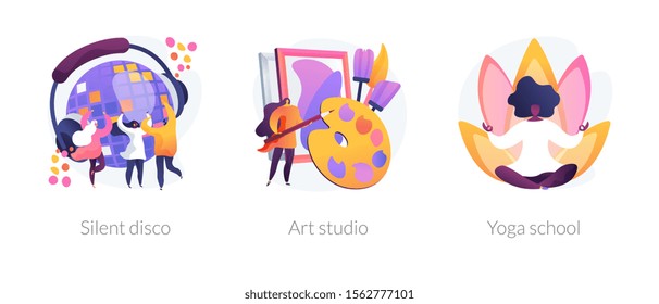 Modern recreation flat icons set. Active leisure, nightclub party, healthy lifestyle. Silent disco, art studio, yoga school metaphors. Vector isolated concept metaphor illustrations.