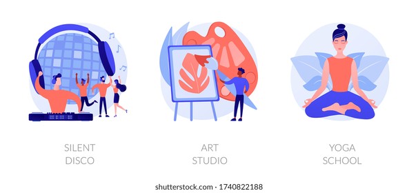 Modern recreation flat icons set. Active leisure, nightclub party, healthy lifestyle. Silent disco, art studio, yoga school metaphors. Vector isolated concept metaphor illustrations.