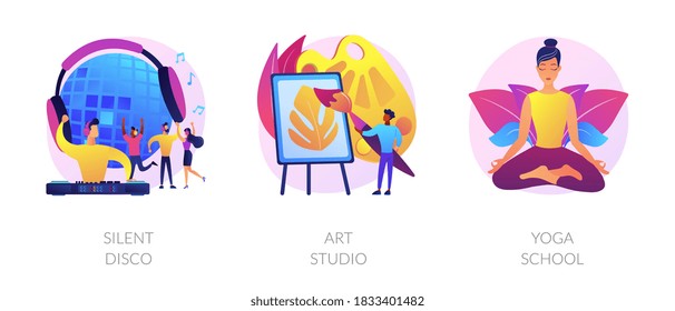 Modern recreation flat icons set. Active leisure, nightclub party, healthy lifestyle. Silent disco, art studio, yoga school metaphors. Vector isolated concept metaphor illustrations.