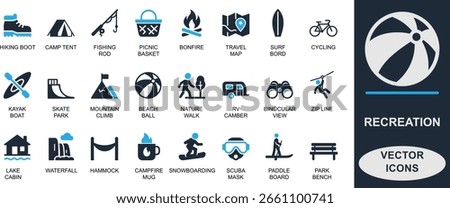 Modern recreation icon set. Featuring recreation, hiking, camping, picnic, fishing, travel, kayaking, climbing, and outdoor fun. Perfect for UI, apps, maps, and adventure use.
