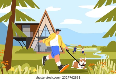 Modern recreation lounges concept. Man walks with dog on leash in nature against backdrop of cottage. Private property and real estate. House near forest. Cartoon flat vector illustration